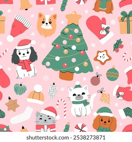 Seamless pattern Merry christmas and happy new year of cute cat and dog with decorative scarf, ribbon, hat. Design suitable for banner, invitation, card, banner, cover.