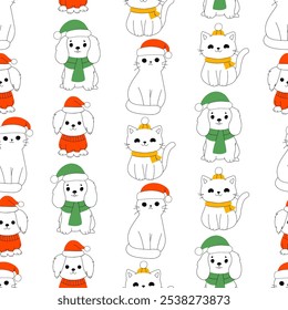 Padrão sem emenda Feliz Natal e feliz ano novo de gato bonito e cão com cachecol decorativo, fita, chapéu. Design adequado para banner, convite, cartão, banner, capa.