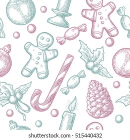 Seamless pattern for Merry Christmas and Happy New Year. Gingerbread man, Pine cone, Candy, Mistletoe, Candle, Toy. Isolated on white background. Vector vintage color engraving illustration.