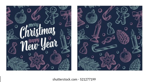 Seamless pattern for Merry Christmas and Happy New Year . Gingerbread man, Pine cone, Candy, Mistletoe, Candle, Toy. Isolated on dark background. Vector vintage color engraving illustration.