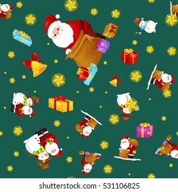 Seamless pattern Merry Christmas and Happy New Year, Friends Santa Claus in hat with presents and snowman in scarf celebrate xmas, stars and winter gifts vector illustration