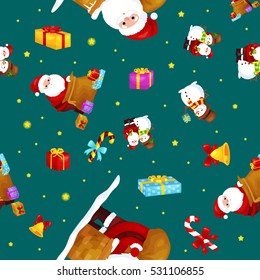Seamless pattern Merry Christmas and Happy New Year, Friends Santa Claus in hat with presents and snowman in scarf celebrate xmas, stars and winter gifts vector illustration