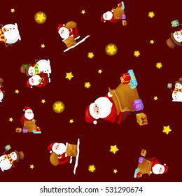 Seamless pattern Merry Christmas and Happy New Year, Friends Santa Claus in hat with presents and snowman in scarf celebrate xmas, stars and winter gifts vector illustration