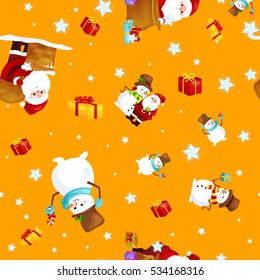 Seamless pattern Merry Christmas and Happy New Year, Friends Santa Claus in hat with presents and snowman in scarf celebrate xmas, stars and winter gifts vector illustration