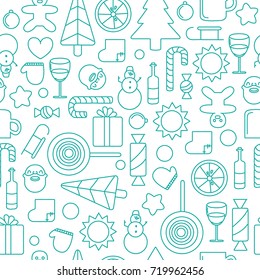 Seamless pattern of Merry Christmas and Happy New Year with winter holiday icon symbols.Blue outlines background.Stock vector illustration.