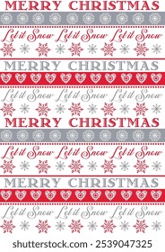 Seamless Pattern of Merry Christmas, Let it Snow Text  and Snowflakes- Christmas Vector Illustration
