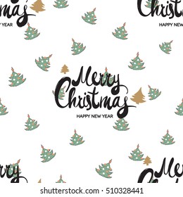 Seamless pattern with Merry Christmas lettering and tree. Cute decorative design for celebrating winter holidays - Christmas and New Year. Xmas symbols and elements on white backdrop.