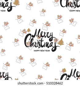 Seamless pattern with Merry Christmas lettering and snowmans. Cute decorative design for celebrating winter holidays - Christmas and New Year. Xmas symbols and elements on white backdrop.