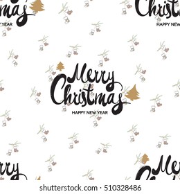 Seamless pattern with Merry Christmas lettering and stocking on fir twig. Cute decorative design for celebrating winter holidays - Christmas and New Year. Xmas symbols and elements on white backdrop.