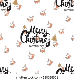 Seamless pattern with Merry Christmas lettering on repeated Santa Claus. Cute decorative design for celebrating winter holidays - Christmas and New Year. Xmas symbols and elements on white backdrop.