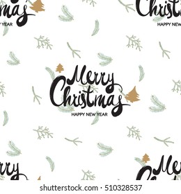 Seamless pattern with Merry Christmas lettering on spruce and fir twig. Cute decorative design for celebrating winter holidays - Christmas and New Year. Xmas symbols and elements on white backdrop.