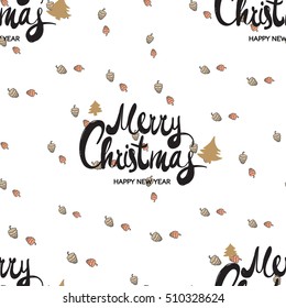 Seamless pattern with Merry Christmas lettering on fir cones. Cute decorative design for celebrating winter holidays - Christmas and New Year. Xmas symbols and elements on white backdrop.