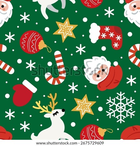 Seamless pattern. Merry Christmas motifs with Santa, reindeer, lollipop and Christmas tree decorations. For wrapping paper design, fabric, wallpapers, backgrounds, prints, scrapbooking etc. Vector