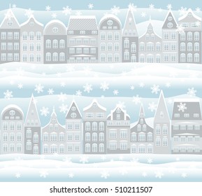 Seamless pattern. Merry Christmas and New Year holidays card with snowy city, vector illustration