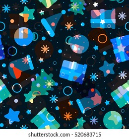 Seamless pattern. Merry Christmas and New Year. Flat style icon on darc background.