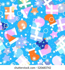 Seamless pattern. Merry Christmas and New Year. Flat style icon on blue background.