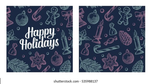 Seamless pattern for Merry Christmas and New Year. Happy Holidays lettering. Gingerbread man, pine cone, candy, mistletoe, toy isolated on dark background. Vector vintage color engraving illustration