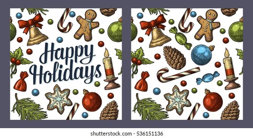 Seamless pattern for Merry Christmas and New Year. Happy Holidays lettering. Gingerbread man, pine cone, candy, mistletoe, toy isolated on white background. Vector vintage color engraving illustration