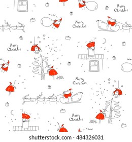Seamless pattern Merry Christmas  Santa Claus  sleigh  reindeer  Christmas tree  house  chimney  gifts  snow  Christmas background  Xmas sketch  Hand  drawn illustration for New Year's design  