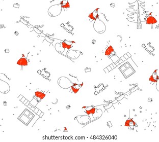 Seamless pattern Merry Christmas. Santa Claus, sleigh, reindeer, Christmas tree, house, chimney, gifts, snow. Christmas background. Xmas sketch. Hand-drawn illustration for New Year's design. 