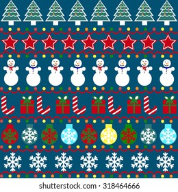 Seamless pattern Merry Christmas. Pattern with snowflakes, snowmen, gifts, Christmas trees, stars. Vector illustration for decoration.