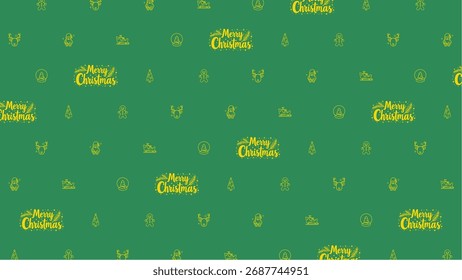 Seamless pattern with merry christmas text and festive icons on green