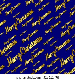 Seamless pattern - Merry Christmas text. Lettering. Blue background with a golden 3d inscriptions. Vector. 