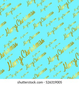 Seamless pattern - Merry Christmas text. Lettering. Light-blue background with golden inscriptions. Vector. 