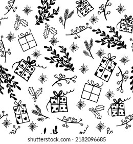Seamless pattern merry christmas in trendy style. Doodle vector illustration. Holiday illustration merry christmas or gift card on white background. 