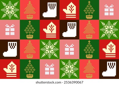 Seamless pattern Merry Christmas winter style geometric background backdrop in red, pink, green, gold, black and white. Glove, sock, tree, gift vector element as greeting card new year, Christmas wrap