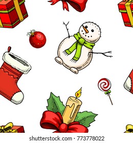 seamless pattern Merry Christmas xmas New Year. winter holiday decoration. holly lollipop, snowman and gift. engraved hand drawn in old sketch and vintage style. background for wrapping.