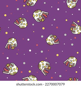 Seamless pattern with merry dots and human skulls. Ancient Mexican codex design of Aztec Indians. Dia de los Muertos Day of the Dead symbol. On perple background.