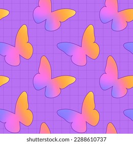 Seamless pattern with mesh blurred unfocused gradient butterfly in neon colors. Abstract y2k geometric shape in trendy retro style.
