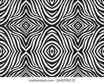 Seamless pattern with a mesmerizing black and white zebra stripe design.  The abstract, geometric shapes create a captivating optical illusion, ideal for textile prints, fashion, and backgrounds.