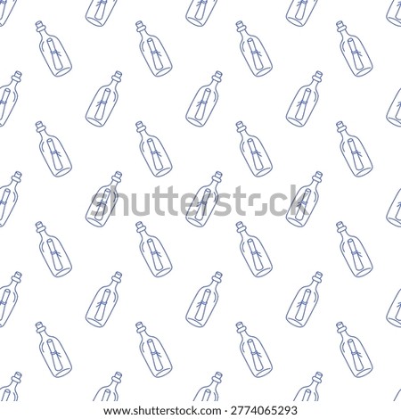 Seamless pattern with message bottles in blue line style on white background. Outline nautical print. 