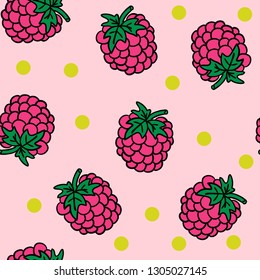 Seamless pattern with messy cartoon doodle linear raspberries isolated on pink background. Vector illustration. 