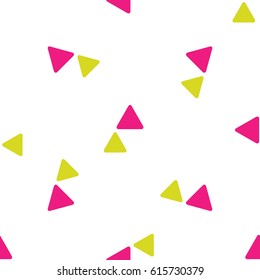 Seamless pattern with messy cute triangles with round corners, triangular geometrical shapes. Colorful chaotic geometric ornament on white background. Vector illustration.
