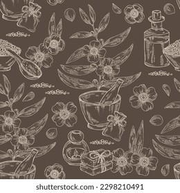 Seamless pattern with mesua ferrea: mesua ferrea plant, leaves, mesua ferrea flowers. Oil, soap and bath salt . Cosmetics and medical plant. Vector hand drawn illustration svg