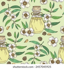 Seamless pattern with mesua ferrea: plant, leaves, mesua ferrea flowers and bottle of mesua ferrea essential oil. Cosmetic, perfumery and medical plant. Vector hand drawn illustration svg