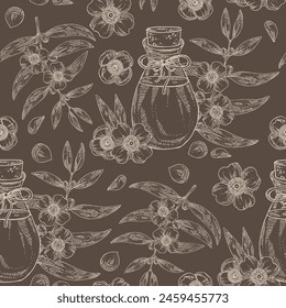 Seamless pattern with mesua ferrea: plant, leaves, mesua ferrea flowers and bottle of mesua ferrea essential oil. Cosmetic, perfumery and medical plant. Vector hand drawn illustration svg