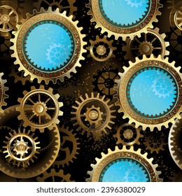 Seamless pattern of metal, brass, gold gears and turquoise glass lenses on rusty dark background. Steampunk style. Hand drawn vector art.