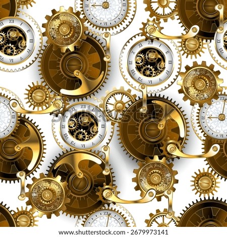 Seamless pattern of metal, brass, gold gears and jewelry dials on white background. Steampunk style.
