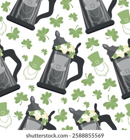 seamless pattern with metal circles with imprint of leprechaun face with wheat beer and shamrock leaves arranged randomly, design for st patrick's day