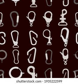 Seamless pattern of metal climbing carabiners and claw clasps alpine climbing equipment flat vector illustration on dark background