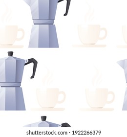 Seamless pattern with metal kettle with white ceramic cup on saucer vector illustration on white background
