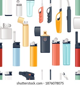 Seamless pattern of metal and plastic lighter for kitchen or cigarette gas lighter smoker accessory flat vector illustration on white background