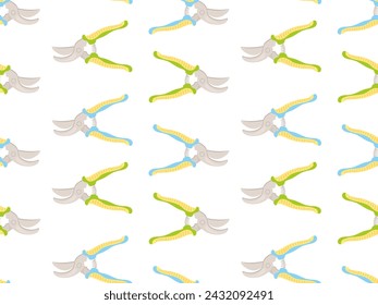 Seamless pattern of metal pruning shears for the gardener isolated on a white background. Vector endless colorful background for design of banners, cards, posters, social networks, gardening, wrapping