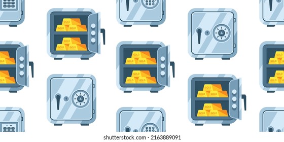 Seamless pattern with Metal Safes. Open and Closed safe with Gold ingots and Dollars. Flat style