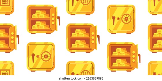 Seamless pattern with Metal Safes. Open and Closed safe with Gold ingots and Dollars. Flat style