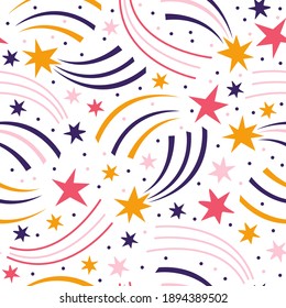 Seamless pattern meteor or shooting star. Cosmos background with space elements, stars, comets, meteorites, starry sky. Hand drawn vector backdrop outer space